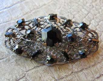 Czech Costume Fashion Filigree, Black Austrian Crystal Rhinestone Collar Brooch Pin, Signed Czechoslovakia, 1930s Costume Jewelry, Czech Pin