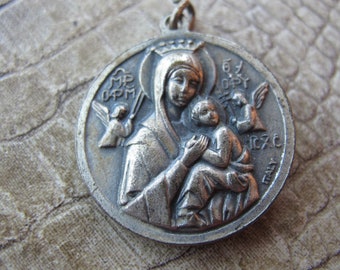 Italian Silver Tone Madonna with Christ Child Medal Pendant, Stamped Italy, Blessed Mother w/ Jesus, Saint John Neumann on Reverse, Catholic