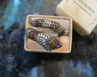 Pave Stone Snake Wraparound, Bypass Silver Plate Ring, Citrine & Smoky Colored Stones, Encrusted Pave Style Serpent Snake Figural Ring