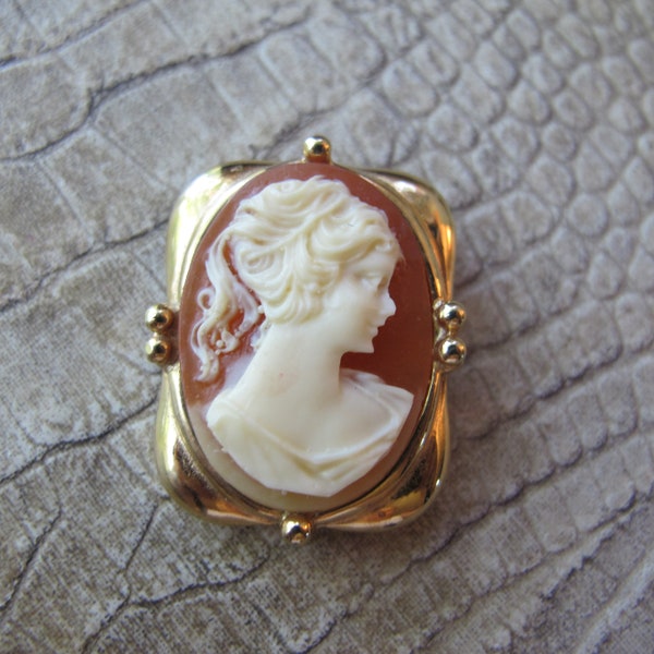 Costume Cameo Brooch Pin, Costume Fashion Vintage Jewelry. Plastic Resin Cameo in Gold Tone, 1970's Style Fashion Jewelry, True Vintage