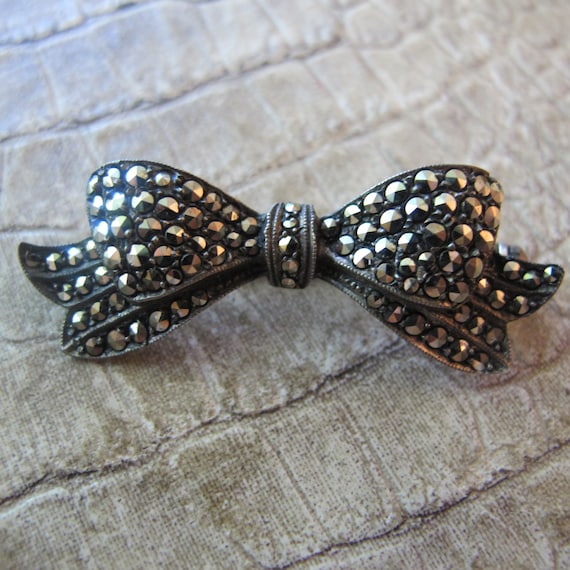 Marcasite Sterling Silver Bow Brooch Pin, Unmarked