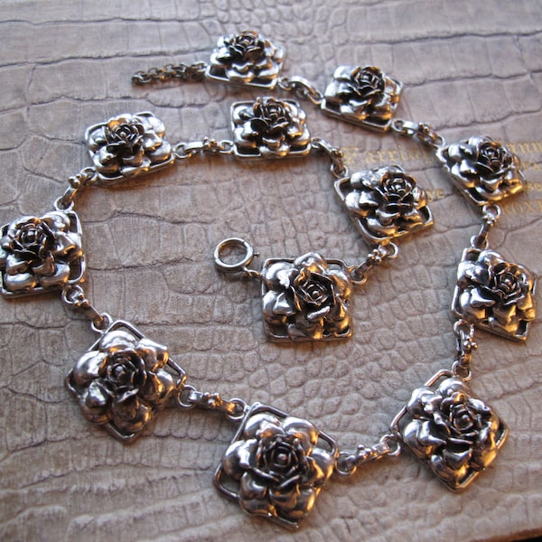 Designer Attributed Silver Flower Panel Link Retro Necklace. Finely Made Silver Metal 1940's to 1950's Floral Necklace Hobe Style, Unsigned