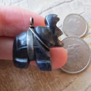 Hand Carved Trunk Up Elephant Gemstone Pendant Charm, Lucky Charm, Tribal Ethnic Animal Symbolic Charm, Dark Blue Stone Carving, Silver Bale