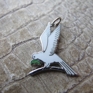 Dove of Peace Sterling Silver Charm Pendant, Enamel Bird White Dove w Olive Branch, Peace, Holy Spirt, Spiritual, Maker Arrow C Mark Signed