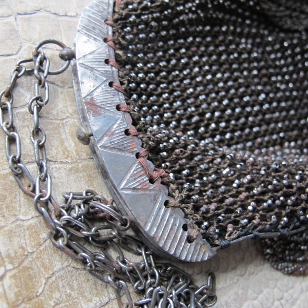 Art Deco Flapper Steel Bead Tassel & Fringe Chain Handle Purse Bag, Sold AS IS Condition. French Cut Steel, Rust Age, 1920's Steel Bead Bag