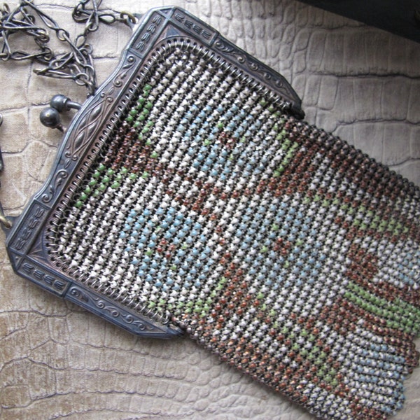 Mesh Whiting & Davis Co Bag, Chain Handle Purse, Small Art Deco Era Chainmail Metal Mesh with Enamel Handbag, Pocketbook, Fringe Evening Bag