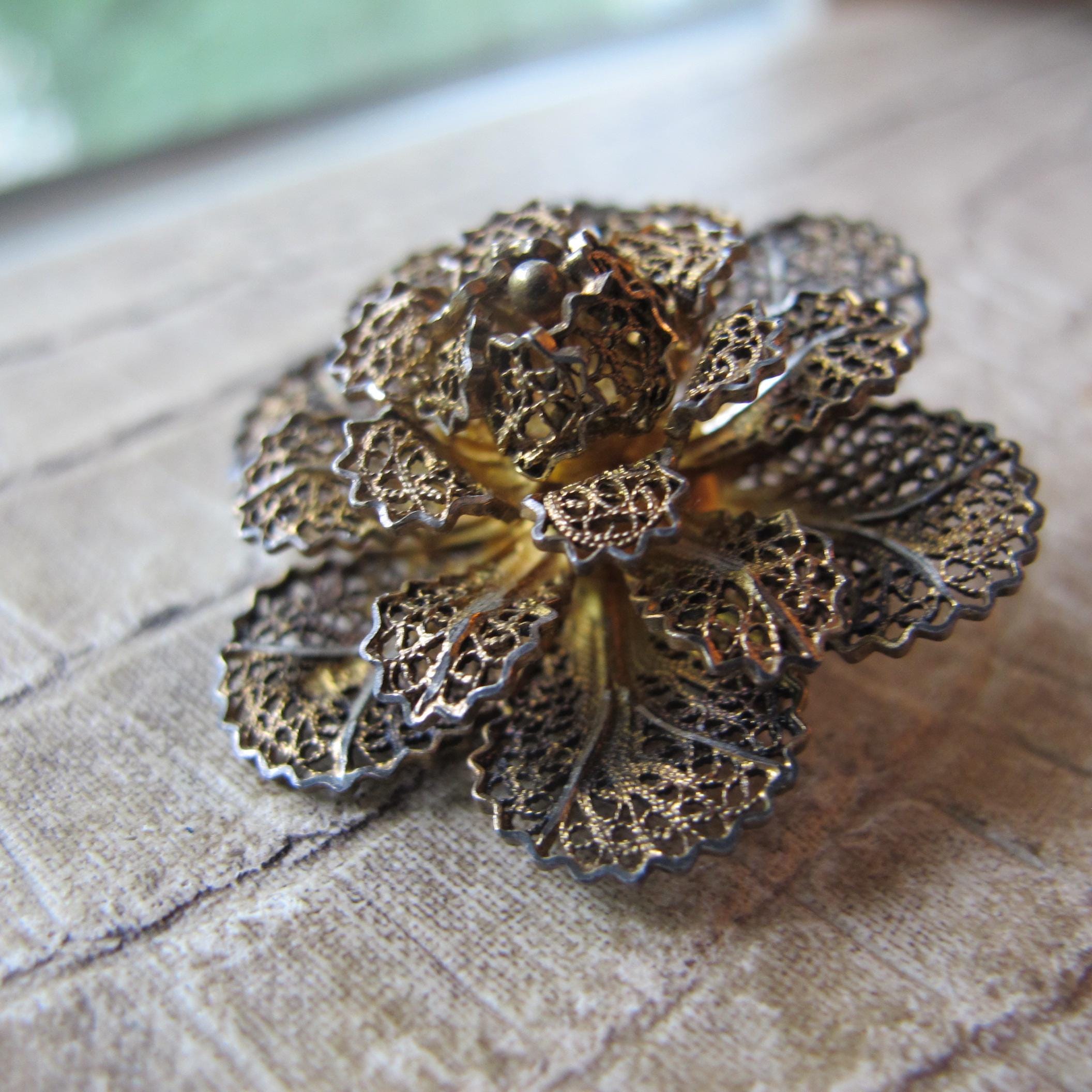 Broche Orientale XIXe En Vermeil - Décoration Canetille Et Pampilles, 55x75 Mm, Occasion