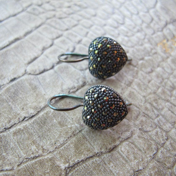 Marcasite Sterling 925 Small Heart Drop Earrings.… - image 3