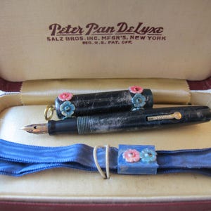 Peter Pan Deluxe Pendant Fountain Ink Pen Necklace, in Original Box Salz Bros, NY, Celluloid Flower Lariat, Blue Ribbon Petite Pen Necklace