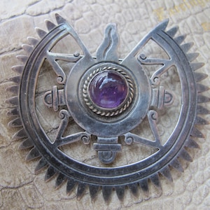 Taxco Sterling Silver & Amethyst Gemstone Statement Brooch Pin, Handmade Mexican Silver Signed Mayan Aztec Inca Ancient Pre Columbian Design
