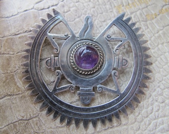 Taxco Sterling Silver & Amethyst Gemstone Statement Brooch Pin, Handmade Mexican Silver Signed Mayan Aztec Inca Ancient Pre Columbian Design
