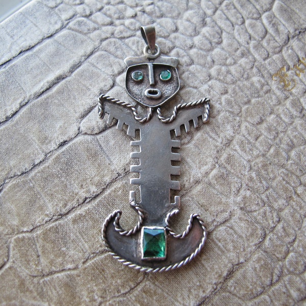 South to Central America Style Pre Columbian Silver, Emerald and Green Stone Figural Pendant Charm. 900 Silver Columbian Columbia Figural