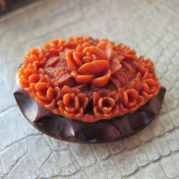Celluloid Coral Resin Floral Brooch Pin, Button, … - image 3