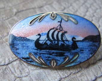 Norway Enamel & Sterling Silver Oval Scenic Brooch Pin Norwegian