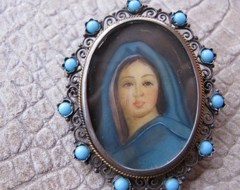 800 Silver Portrait Saint or Blessed Mother Mary Brooch Pin, or Pendant. Hand Painted Religious Woman Lady, 800 Italian Silver OOAK Jewelry