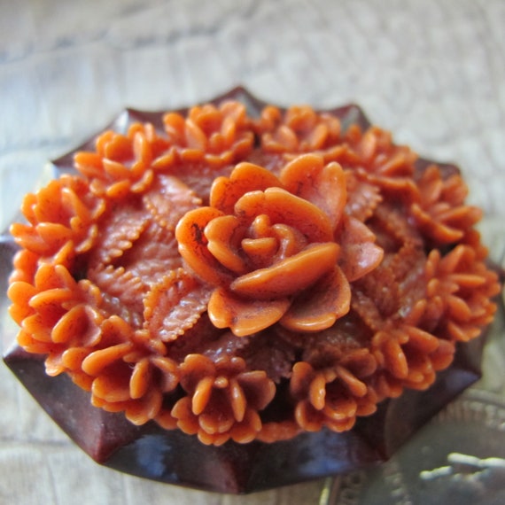 Celluloid Coral Resin Floral Brooch Pin, Button, … - image 6
