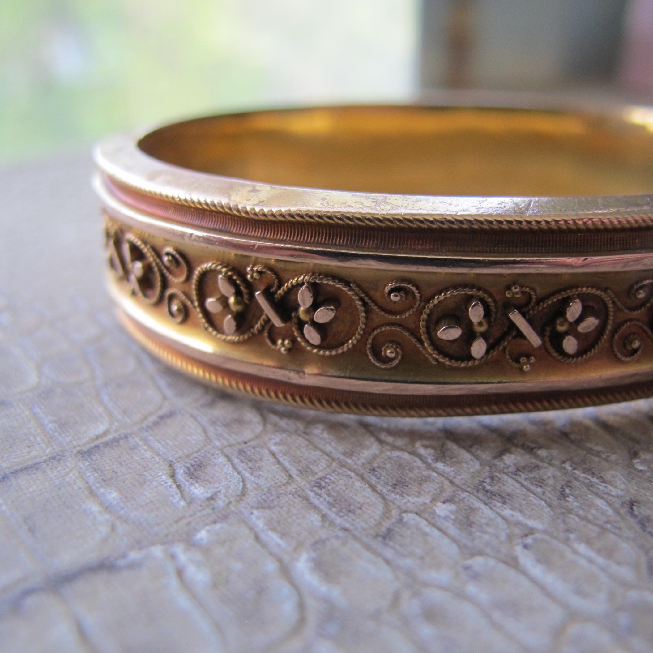 Etruscan Revival Victorian Bloomed 15k Gold Hinged Bangle Bracelet