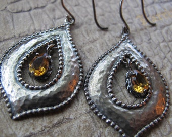 Designer Hammered 925 Silver & Gemstone Citrine Drop Dangle Pierced Earrings. Signed PZ 925 Israel, Gemstone Dangle Stone Earrings, Handmade