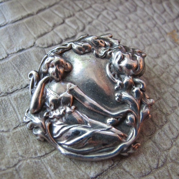 Art Nouveau Style Silver Plate Lady in Repose with