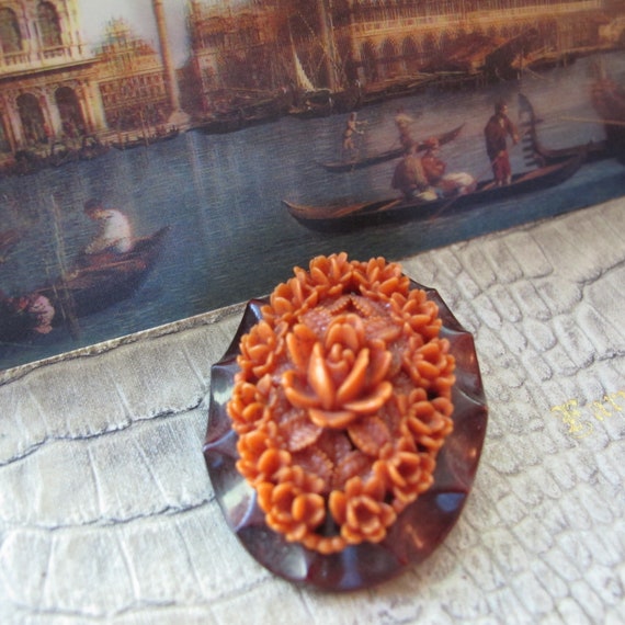 Celluloid Coral Resin Floral Brooch Pin, Button, … - image 9