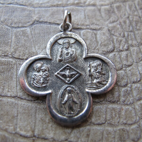 Scapular Sterling Cross Medal Charm, Catholic Medal, Spiritual Protection. Sacred Heart of Jesus, St Joseph, St Christopher, Miraculous Mary