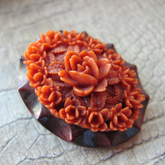 Celluloid Coral Resin Floral Brooch Pin, Button, … - image 5