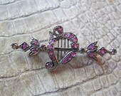 Victorian Revival Ruby Lyre Sterling Silver Pin, Bar Brooch. Collar Pins, Victorian Style, Vintage Age Gemstone Brooch, Ruby Stone Brooch