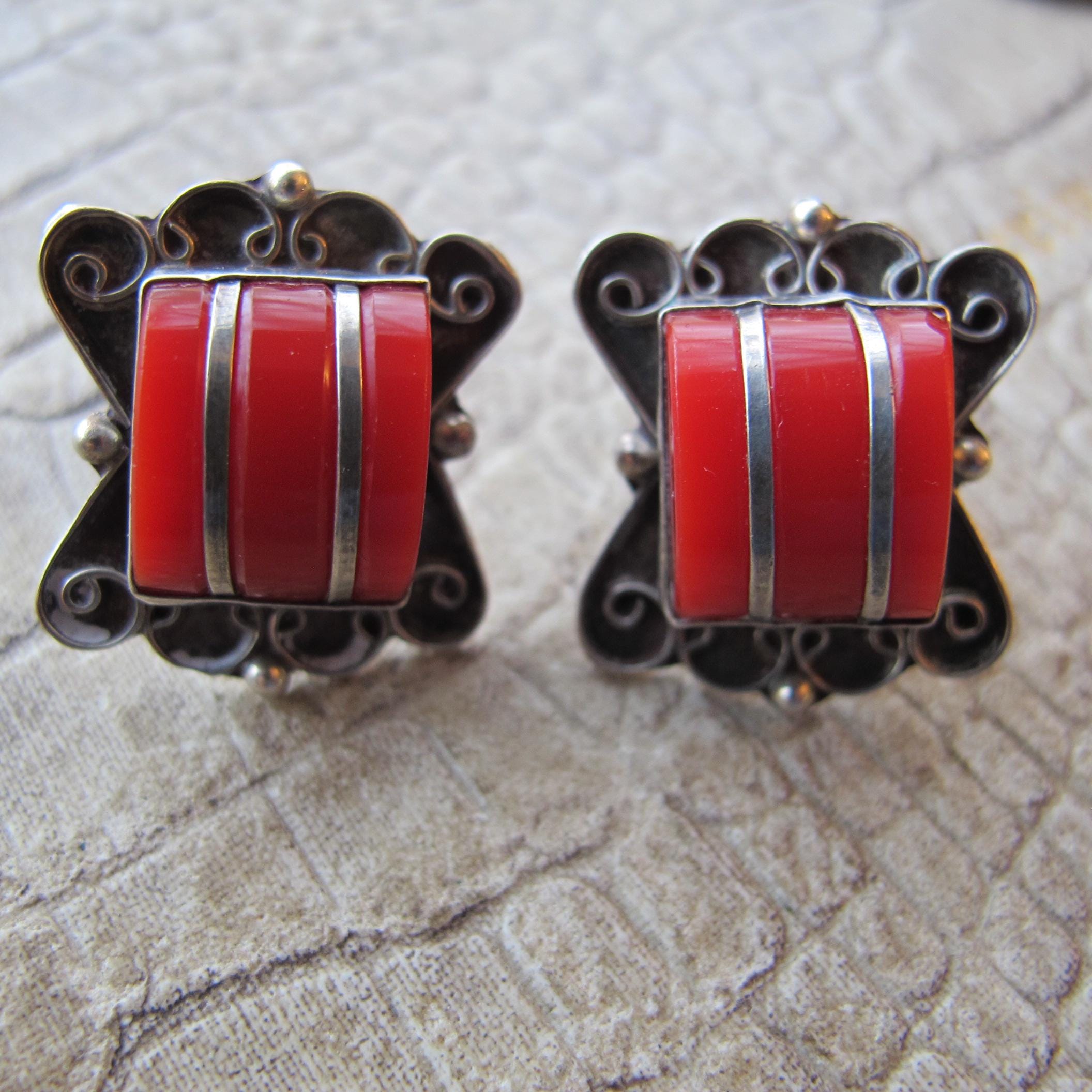 Mexican Sterling Silver & Red Inlaid Glass Handmade Earrings, Vintage Age, Signed, 925 Stamp, Mexico Deco Inspired, Screw Back Earrings