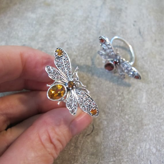 Gemstone Insect Sterling Silver Ring, Citrine Gem… - image 1
