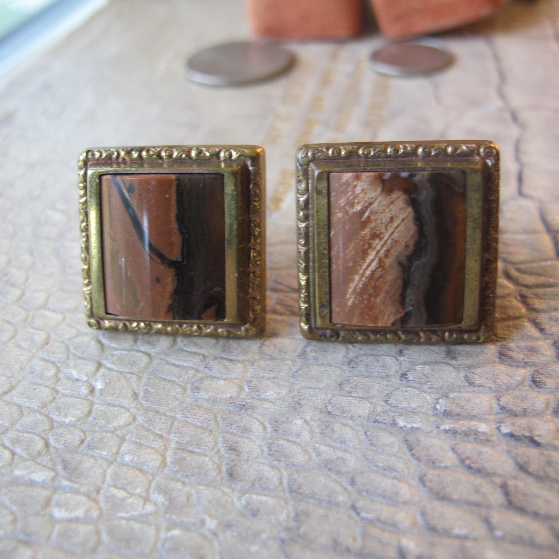 Victorian JASPER Stone 19th Century Gent's Men's Cufflinks, Gold Tone & Brass Metal, Statement Size/ Look, 1800s Men's Stone Fashion Jewelry