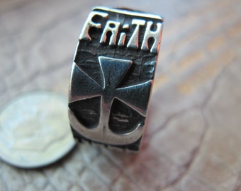 Faith, LOVE & Hope Wide Sterling Silver Band Ring, Makers Mark and Stamped Sterling, Vintage Spiritual Religious Ring Jewelry, Biblical Band