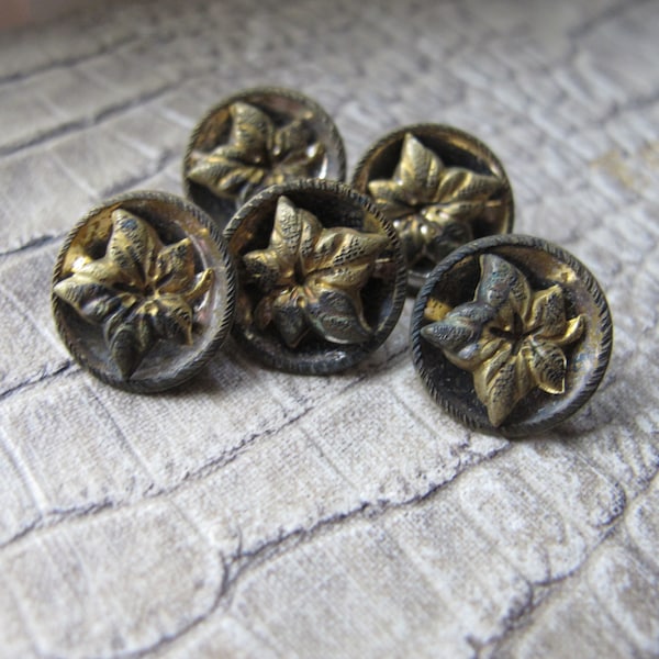 Floating Floral Cupped Brass Metal Buttons. Antique Small Flower Leaf Buttons. Blouse/Jacket Style Buttons. Ivy Poinsettia, Botanical Button