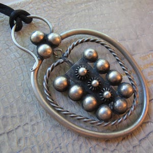 Asian Miao Ethnic Silver-Metal Statement Pendant on Vintage Black Cord Necklace, Wow Factor Size and Style, Guizhou Provence China, Chinese