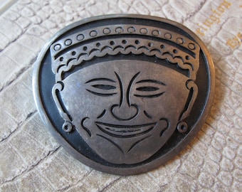 Mexico Sterling Tribal Face Brooch Pendant Eagle Assay Mark Taxco