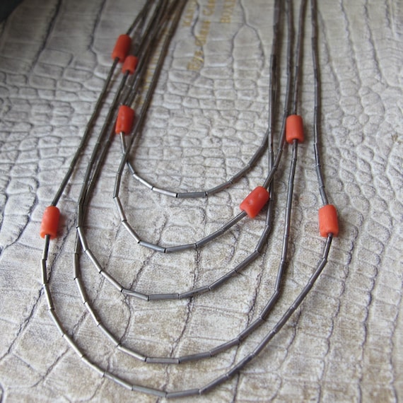 Liquid Sterling Silver & Coral Bead 5 Strand Neck… - image 2