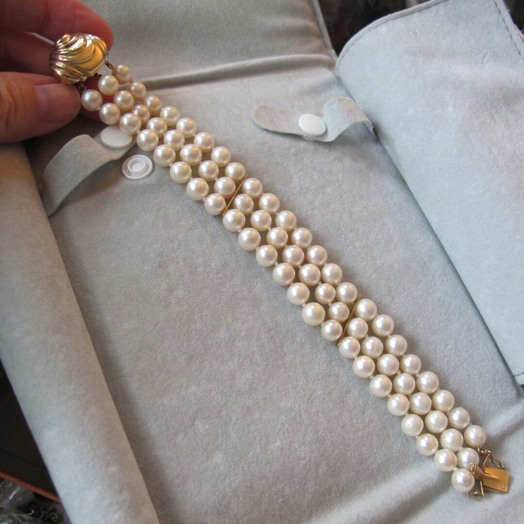 thumbnail image 2 of 3-Row Natural Akoya White Freshwater Pearl Bracelet – 8 Inch, Gold Plated, Baroque Style 2 of 6