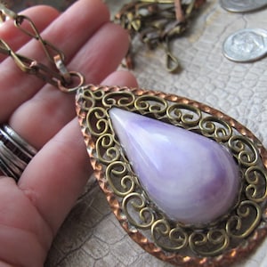 Mexican Brass & Copper Gemstone Pendant Chain Necklace, Stamped Signed &quot;Mexico&quot;, Paper Clip Style Handmade Chain, Purple Quartz Cabochon