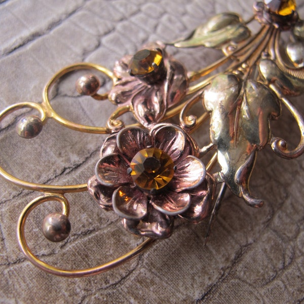 Raleigh Rose Pink & Yellow 1/20 12k Gold Fill on Sterling Silver Brooch Pin, RETRO 1940's Floral Flower Spray Corsage Statement Brooch Pin