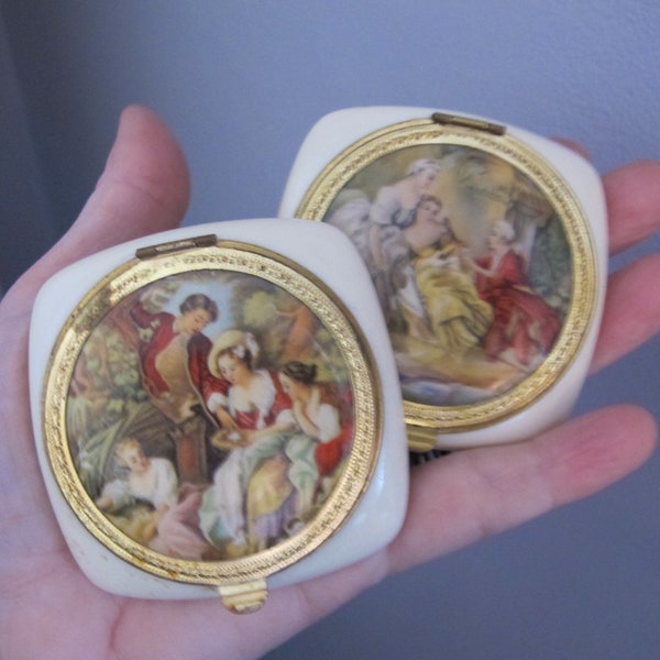 Cream Resin Novelty 18th Century Scenes Powder Compacts. Retro Mid Century 1940's to 1950's Makeup Mirror Travel Purse Fashion Compact Case