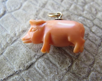 Victorian Carved Coral Stone Pig Charm Good Luck Token, Pendant. Lucky Antique Pig Charm, Abundance Protective Talisman Charm 1800's Gem Pig