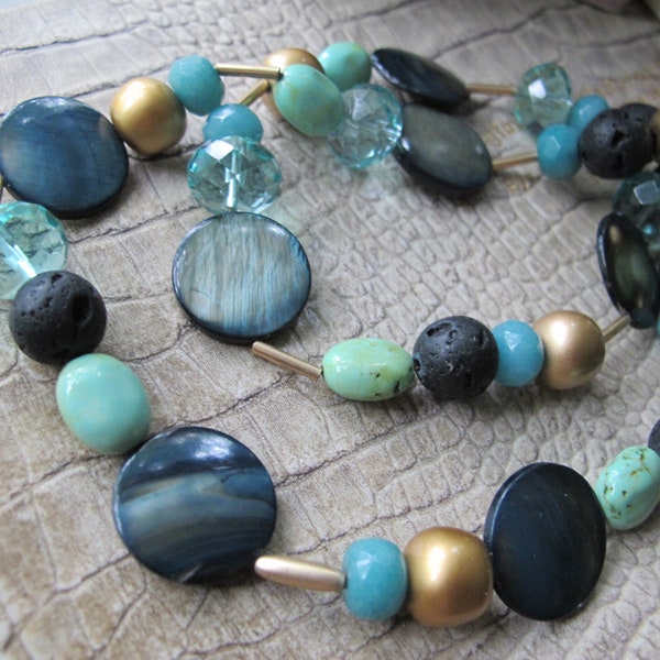 Gemstone, Lava, MOP Shell & Stone Bead OOAK Necklace, Artisan Studio Creation, Vintage, Summer Colors Fashion Accessory, Aegean Aqua Blue