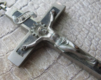 Crucifix Ebony 3 5/8 IN Hand Held or Wall Size, Vintage Catholic Crucifix Cross Jesus, Christian Faith Crucifix Ebony Wood Silver Tone Metal
