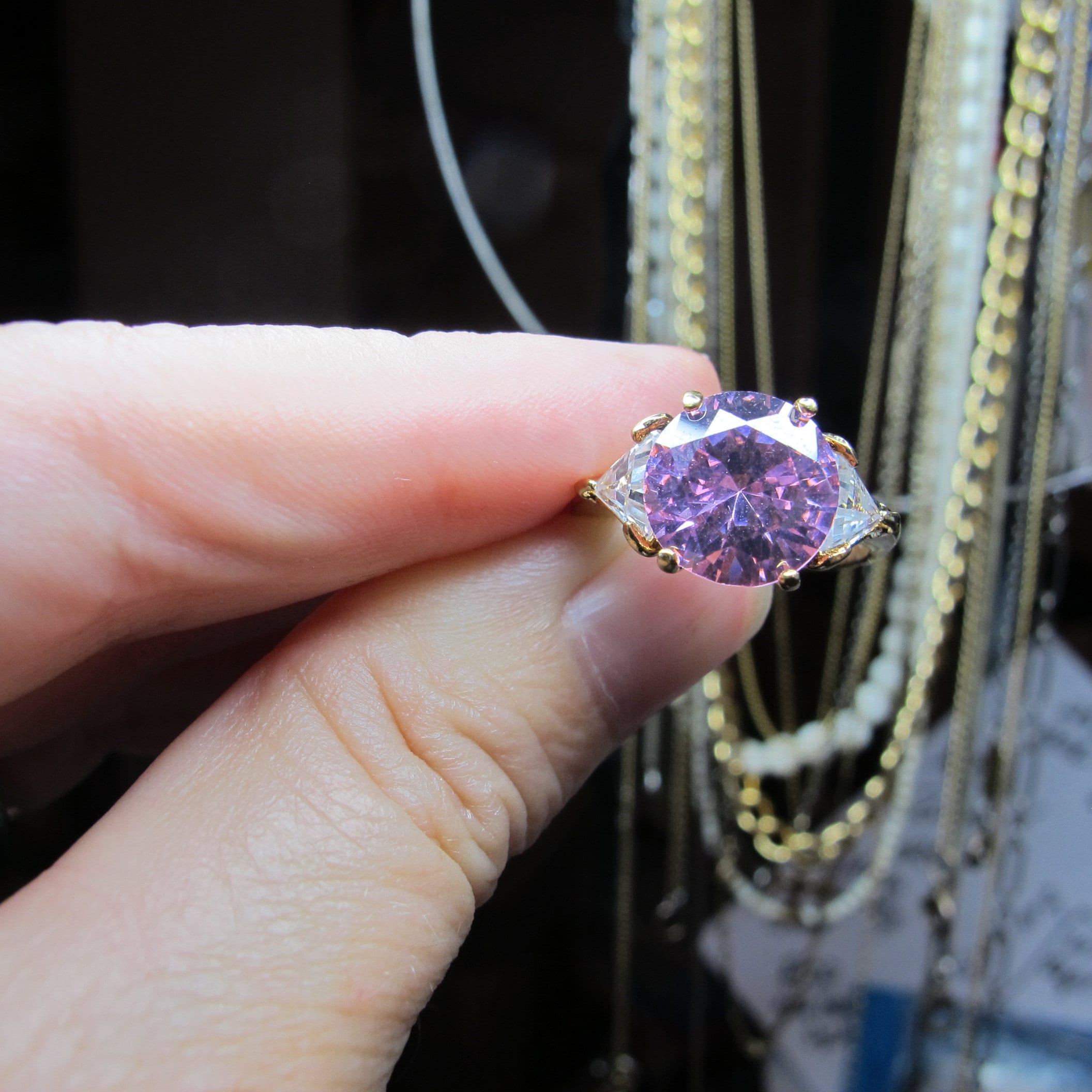 AFJ Sterling Signed, Bright Pink CZ Round Brilliant Solitaire Gold