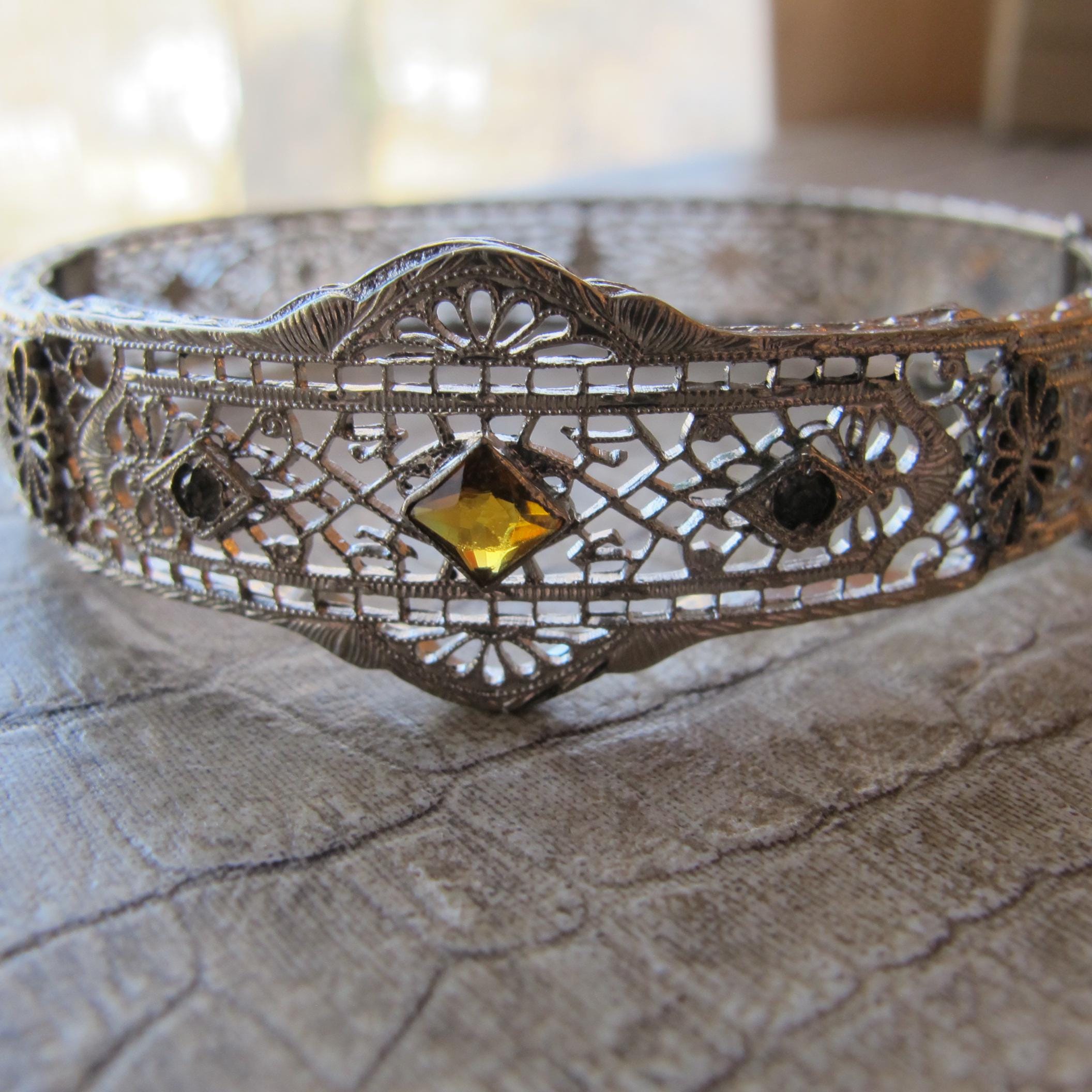 Rhodium Filigree Hinged Art Deco Bangle Bracelet, Safety Chain