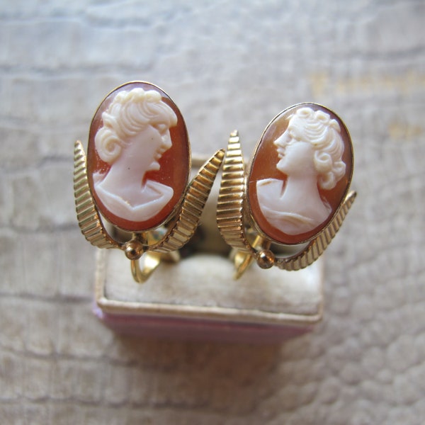 1940's Italian Shell Cameo Gold Filled Clip Back "On the Ear" Earrings. Mid Century 20th Century American Jewelry Set with Real Italy Cameos