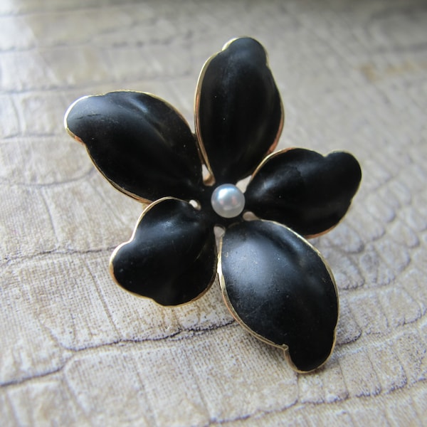 Victorian, Art Nouveau Black Enamel, Pearl, 14k Yellow Gold Flower Brooch Pendant. Antique Fine Gold Jewelry. 19th Century Mourning Jewelry