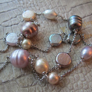 Majorica Style Multi Color Pearls by the Yard Style Station Chain Link Necklace, Costume Fashion Pearl Bead Chain Silver Tone Necklace