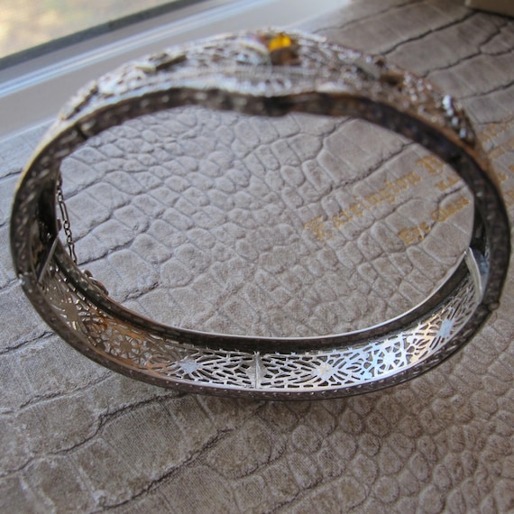 Rhodium Filigree Hinged Art Deco Bangle Bracelet, Safety Chain