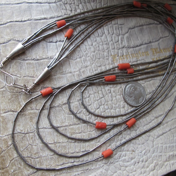 Liquid Sterling Silver & Coral Bead 5 Strand Neck… - image 1