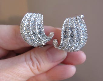 Vintage JARIN Crystal Clip Earrings, Silver Tone Pave Climbers